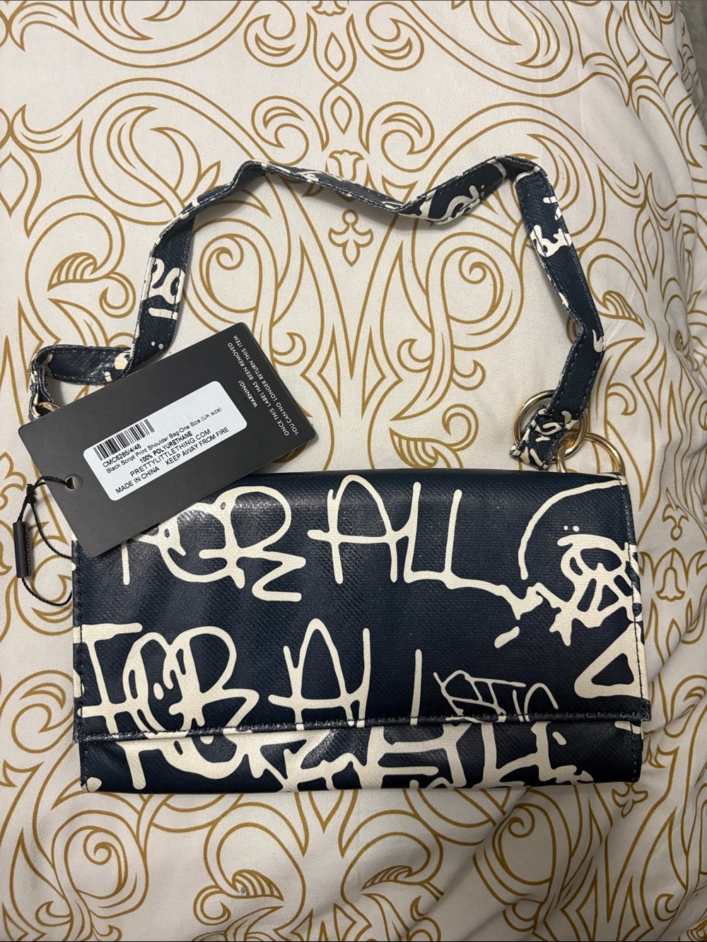 PrettyLittleThing Navy Shoulder Bag with White Graffiti Print